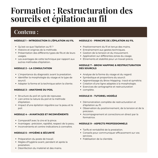 FORMATION RESTRUCTURATION DES SOURCILS + ÉPILATION AU FIL